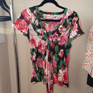 Floral Tie-Front Ruffle Short Sleeve Top - Pink & Green Vintage